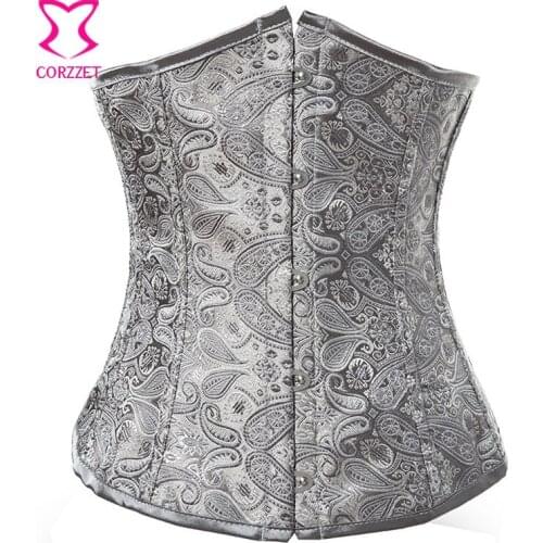 Hot Grey Brocade Slimming Underbust Corset Gothic Waist Trainer Corsets And Bustiers Korsett For Women Sexy Burlesque Costumes