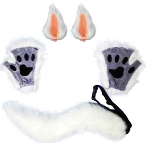 3 Pieces Animal Costume Accessories Set Faux Fur Kitten Wolf Ears Hair Clips Long Tail Plush Gloves Halloween Fancy Party Cospl