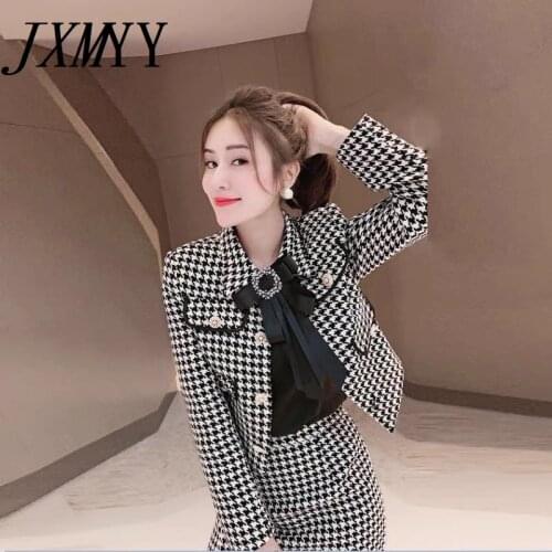 JXMYY Two-Piece Suit Skirt Temperament Autumn And Winter 2021 New Female Houndstooth Light Mature Design Sense