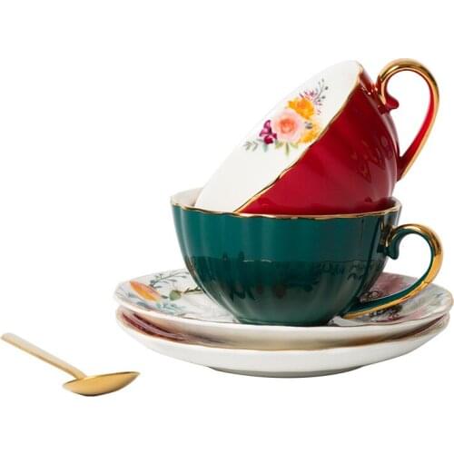 Ceramic Bone China European Style Light Luxury Coffee Cup Mug and Saucer Set Retro Flower Tea Cup Paper Package