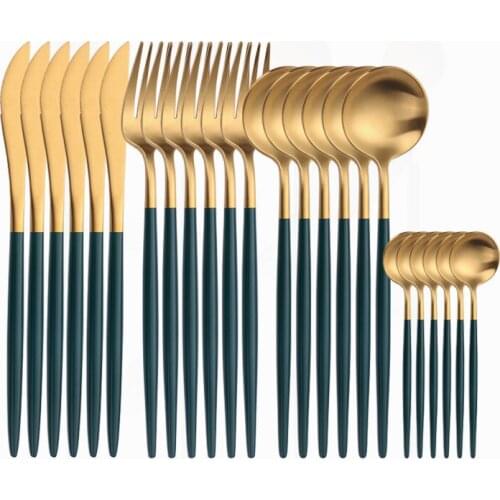 Kitchen Tableware 24pcs Set Stainless Steel Cutlery Set 18/10 Luxury Green Gold Dinnerware Spoon Fork Knife Dinner Set Complete