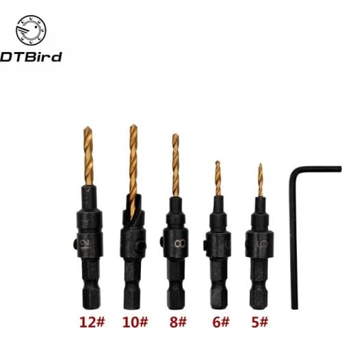 5pcs Countersink Drill Woodworking Drill Bit Set Drilling Pilot Holes For Screw Sizes #5 #6 #8 #10 #12 DT7