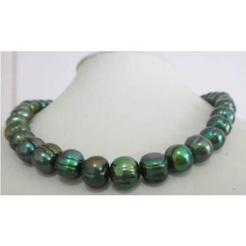 Stunning TAHITIAN 10-11MM PEACOCK GREEN GREEN PEARL NECKLACE 18inch shipping free