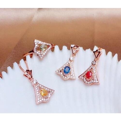 Retro grace fan Natural Multicolor sapphire Ring Pendant Earrings Natural gemstone Jewelry Set 925 Silver Women gift jewelry