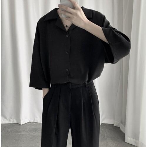 2020 Summer Mens Seven Part Sleeve Hawaiian Black Color Cotton Shirt French Cuff Mens Fashion Shirts Camisa Masculina M-XL