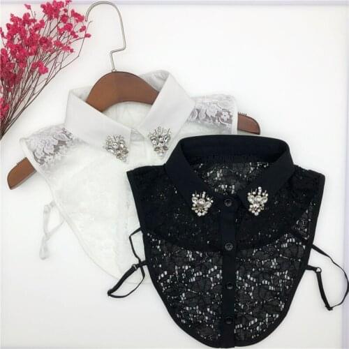 Korean Style Shirt Fake Collar for Women White Black Detachable Collars Lapel Blouse Top Handmade Beads Clothes Shirt Accessory