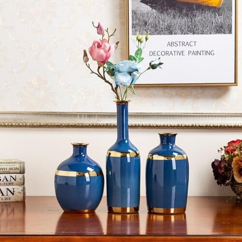 Modern Simple Light Luxury Ceramic Small Neck Blue Gold Flower Vases For Home Decor Ceramic Gift
