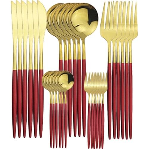 Tableware Set Red Gold 30Pcs Dinnerware Bright Fruit Cake Fork Cutlery Set Stainless Steel Flatware Set Dessert Fork Kitchen