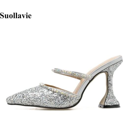 Suollavie luxury slippers womens bling shoes for ladies thin heel slider sandals glitter crystal sandalias leisure open toe heel