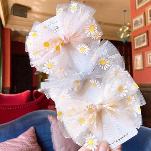 Fresh Flower Mesh Hair Bows Daisy Girls Hair Clips Korean Hairpin Handmade Hairbow Barrettes Party School Hairgrips Accessories