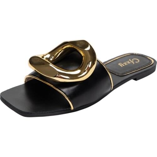 New Style Womens Slippers Summer Metal Decoration One Word Fashion Gold-rimmed Womens Slippers