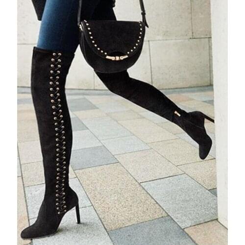 Linamong 2018 New Winter Brand Women Solid Black Lace Up Zip Side Pointed Toe Thigh Over The Knee High Thin Heels Long Boots