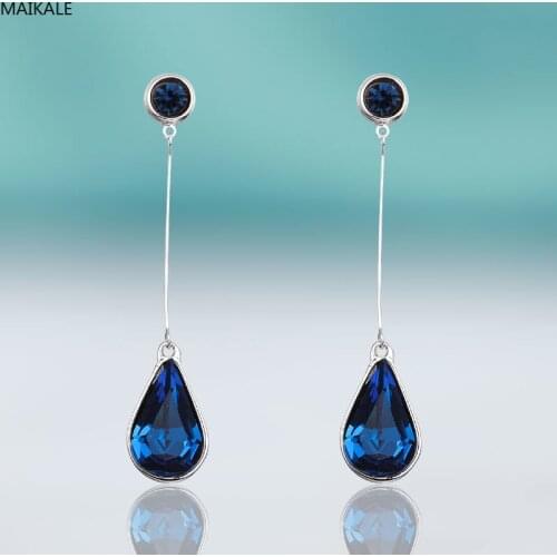 MAIKALE Shiny Color Water Drop Crystal Earrings Gem Earstuds Black Red Teardrop Earing Silver Plated Cute Women Jewelry Gift