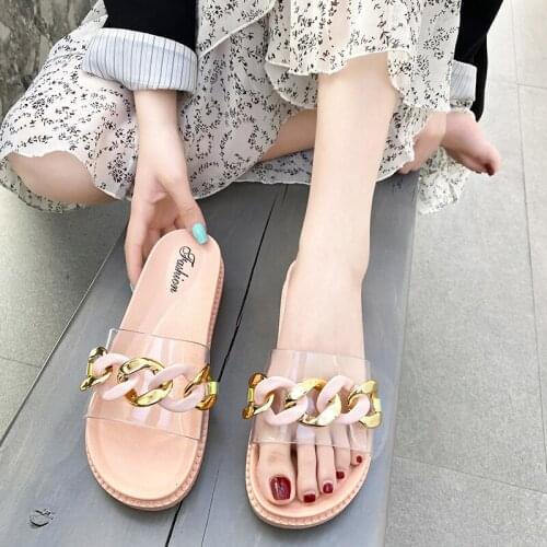 Womens Slippers Summer New Fashion Flat Bottom Metal Chain Cool Slippers Female Leisure Indoor Outdoor Thick Bottom Slippers