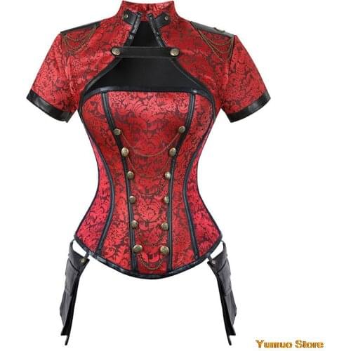 2021 Womens Corset Gothic Steampunk Clothing Spiral Steel Boned Retro Goth Brocade Overbust Corset Top with Jacket and Pockets