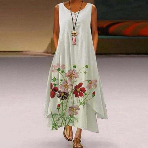 Women Dress Vintage Maxi Dress Floral Print Irregular Hem Women Buttons Round Neck Dress Round Neck Sleeveless Beach Dress