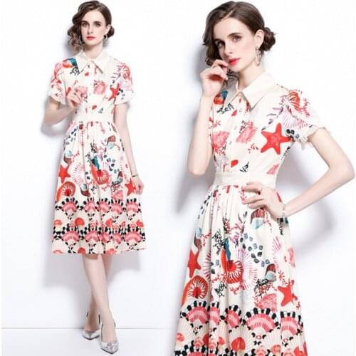 2021 summer Runway Designer Flower Print Vintage Dress Womens short Sleeve turn down Collar Midi Dresses