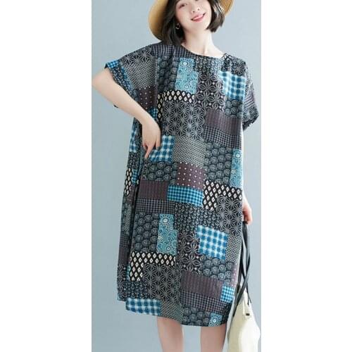 Oversized Women Cotton Linen Casual Dress New Arrival 2021 Summer Vintage Style O-neck Print Loose Female Long Dresses S3778