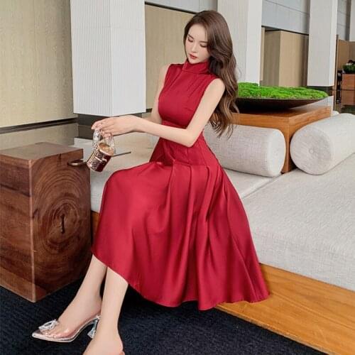 Korean Style Fashion Vintage Half high collar Sleeveless Midi Party Dress Women Elegant Red Acetate Female Pleated Dress Outfits