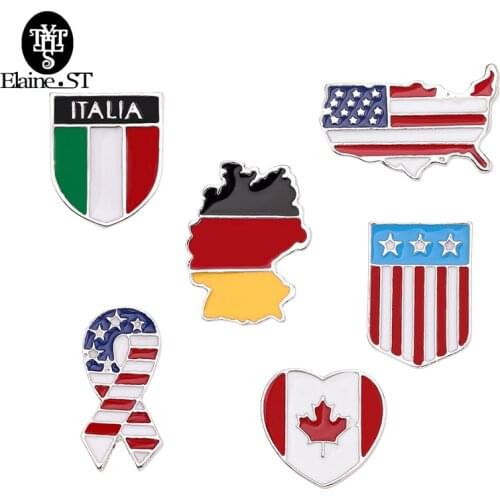 Map Brooch Enamel Pin Germany Canada Italy America Flag Badge Stars Stripes Brooch for Women Men Hat Bag Shirt Collar Lapel Pin