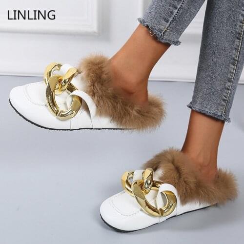 2021 Summer Fur Slides Women Chain Slippers Female Fashion Flats Casual Comfort Outside Shoes Laides Beach Footwear Plus Size