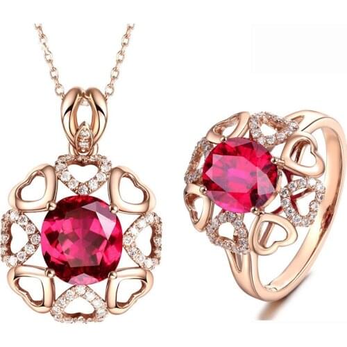 Ociki Rose Gold Color CZ Chokers Cubic Zirconia Heart Red Crystal Pendant Necklace and Rings Jewelry Set for Women Gift
