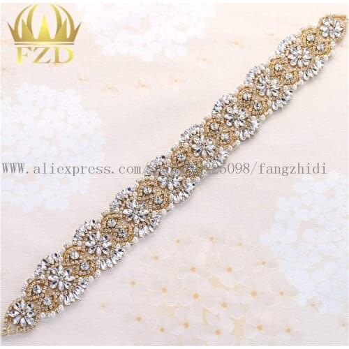 FANGZHIDI Retail 1 piece Rhinestone bridal applique hot fix gold beaded patches for wedding dress sashes