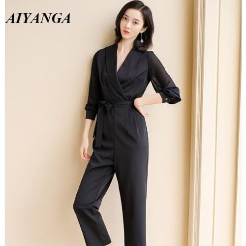 OL Jumpsuits Women 2019 Spring Summer Rompers With Sashes Elegant V Neck Patchwork Chiffon Wine Leg Pant Female Casual Trousers