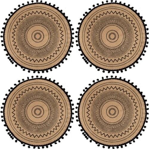 Round Placemat 15 Inch,4Pcs Jute Fringe Table Mats with Pompom Tassel Place Mat for Dining Room Kitchen Table Decor
