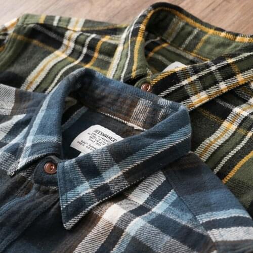 New Unisex Long Spring Autumn Plaid Blue Brushed Flannel Shirt Jackets for Men Vintage Thick Urban Street Wear