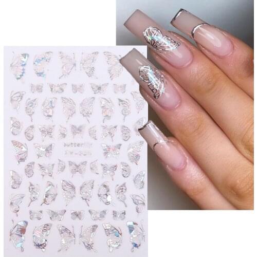 Laser Gold Sliver Butterfly Nail Stickers Design 3D Holographics Self Adhesive Decal Fashion Charm Nail Art Decoration Accessory