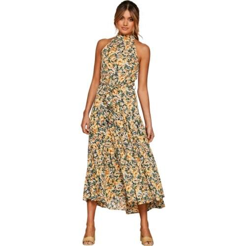 Summer Women Bohemian Neck-mounted Polka Dot Print Dress High Waist Bandage Sleeveless Bohemian Ladies Beach Holiday Dresses