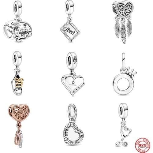 Bear, Fox & Squirrel Openwork Heart & Three Feathers Dreamcatcher Dangle bead fit Original Pandora charms silver 925 bracelet