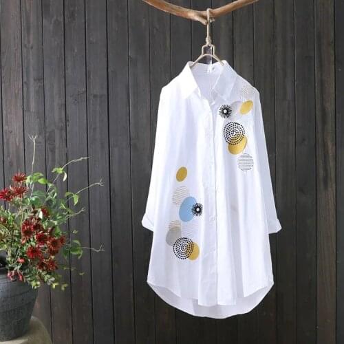 Fashion Long Sleeve White Shirt Women Spring Summer Embroidery Base Shirt Plus Size Office Long Cotton Blouse Casual Tops KW1128