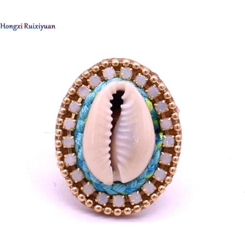 Fashion Ring Bohemian Shell Rhinestone Womens Ring Handmade Charm Natural Shell Adjustable Ring Aewelry Party Gift