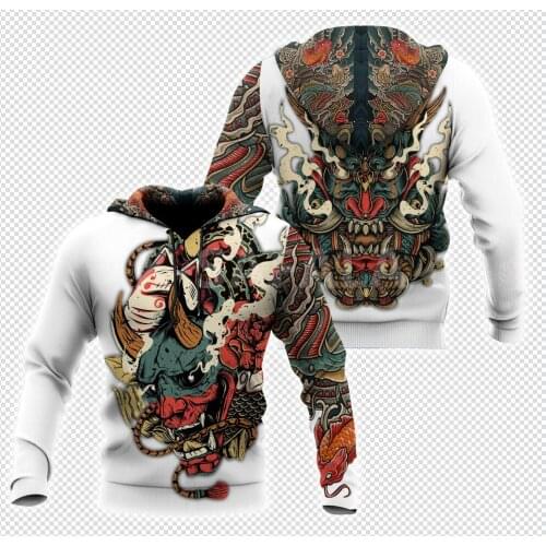 Oni Mask White Tattoo Samurai 3D Print XS-7XL Hoodie Man Women Harajuku Outwear Zipper Pullover Sweatshirt Casual Unisex-12