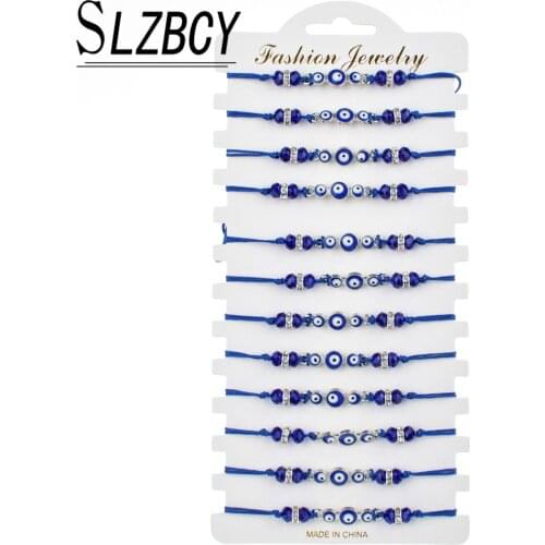 12 pcs/lot Blue Evil Eye Charm Bracelets Set Women Men Braided Adjustable Rope Crystal Beads Couple Bracelet Fashion Jewelry
