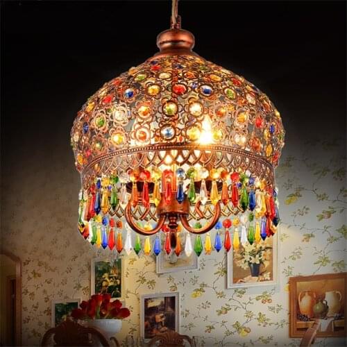 Bohemian Style Retro Pendant Light Wrought Iron Restaurant Color Crystal Lamps Bar Counter Light Cafe Turkish Glass Pendant Lamp