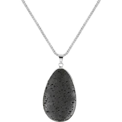 FYSL Silver Plated Water Drop Black Lava Stone Pendant Link Chain Necklace Ethnic Style Jewelry