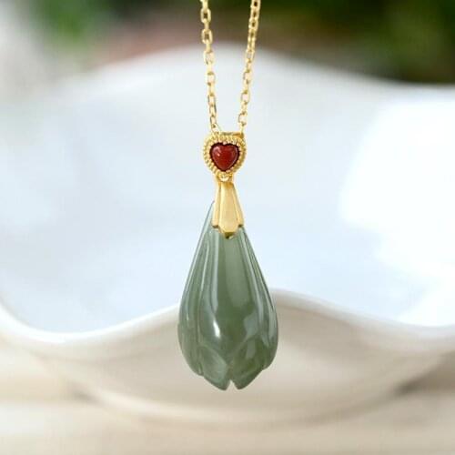 Hetian Gray Jade Orchid Pendant S925 Silver Plated Inlaid South Red Womens Retro Elegant Ethnic Style Girl Clavicle Chain