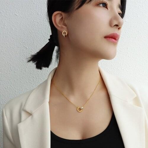 YAONUAN Roman Annulus Necklace/Earring Trendy Titanium Steel Gold Plated Clavicle Chain Zircon Pendant Fashion Jewelry Set F297