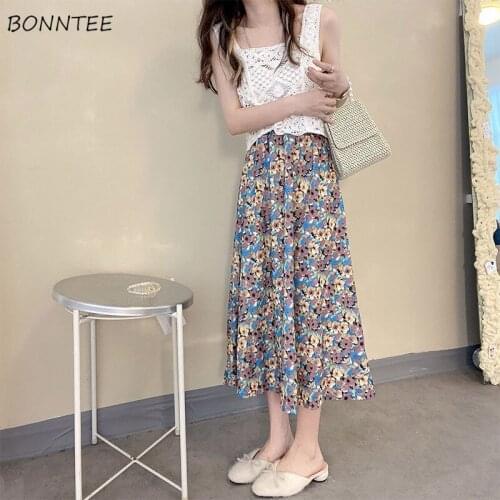 Floral Skirts Women Empire Mid-calf Mujer Summer Thin All-match Fashion Vintage Leisure Ladies Elegant Retro Folds Maxi Faldas