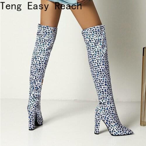 2021 Autumn Winter New Style Classic Leopard Pattern Long Tube Over The Knee Womens Boots Fashion Zipper Square High Heel Boots