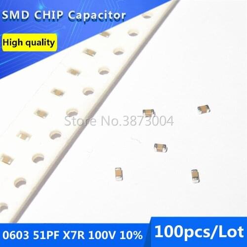 100pcs 0603 51PF X7R 100V 10% SMD Chip Capacitor