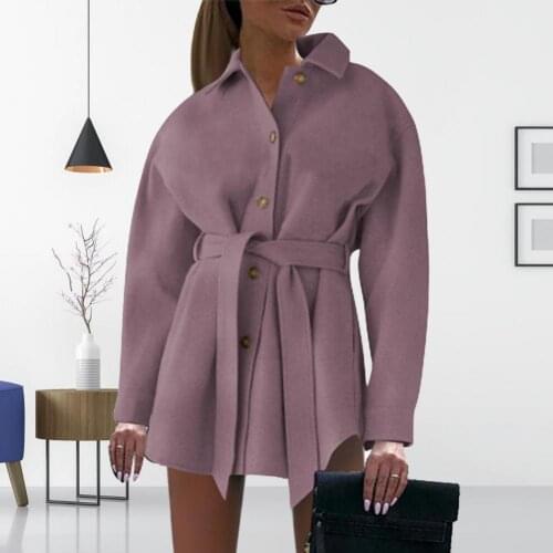 2021 Ladies Casual Coat V-neck Warmth Woolen Women Collected Waisted Overcoat for Work Elegant Simple Stand Collar Cotton coat