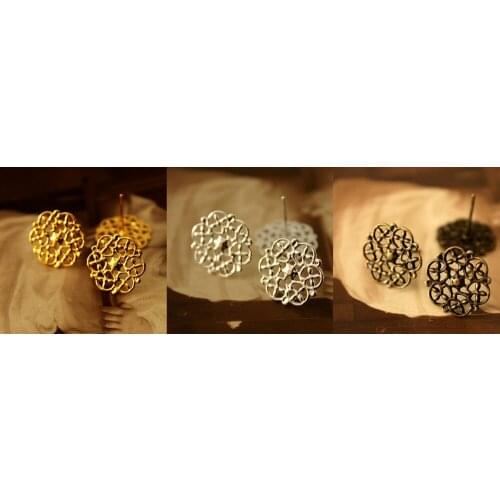 50 Pcs Gold Silver Antiqued Bronze plated Brass Filigree Lace Steel Post Earring NICKEL FREE(EAR-14)