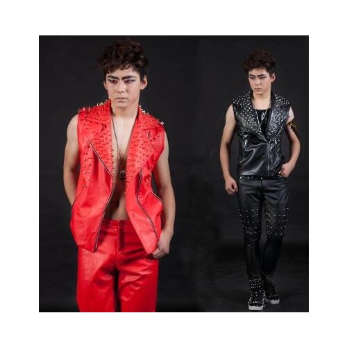England black red Rivets oblique zipper Singer stage mens leather vest men brand roupas masculinas sexy tank 2XL Customizable