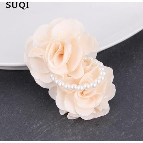 SUQI bead brooch Womens Pin Vintage Fabric silk Brooches Jewelry Rose Flowers Brooches Pins hair clothes dress Decoration 2019