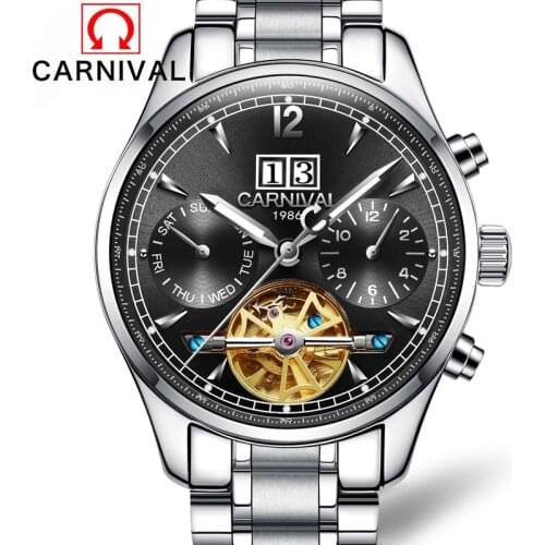 Carnival Luxury Brand Tourbillon Mechanical Watches Top Quality Full Steel Strap Men Watch Saphire waterproof Automatic Clock