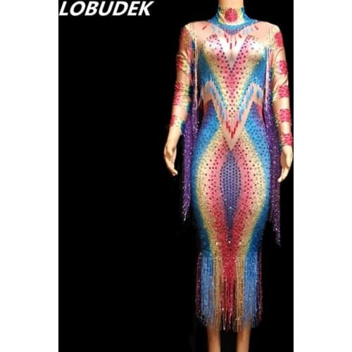 Colorful Rhinestones Fringes Long Dress Tassels Dress Party Celebration Female Singer Host Concert Stage Wear Nightclub Costume